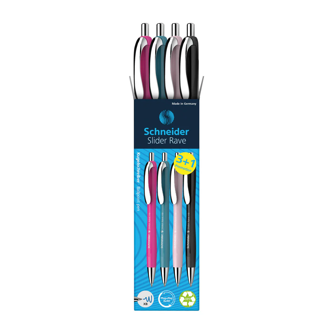 Rave Retractable Ballpoint Pen XB, Special Limited Edition, Blue Ink, Promo Set of 3 Units + 1  FREE Pen