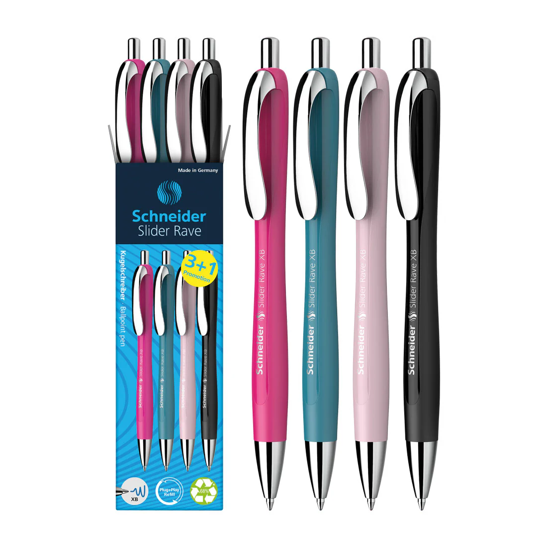 Rave Retractable Ballpoint Pen XB, Special Limited Edition, Blue Ink, Promo Set of 3 Units + 1  FREE Pen - Image 3