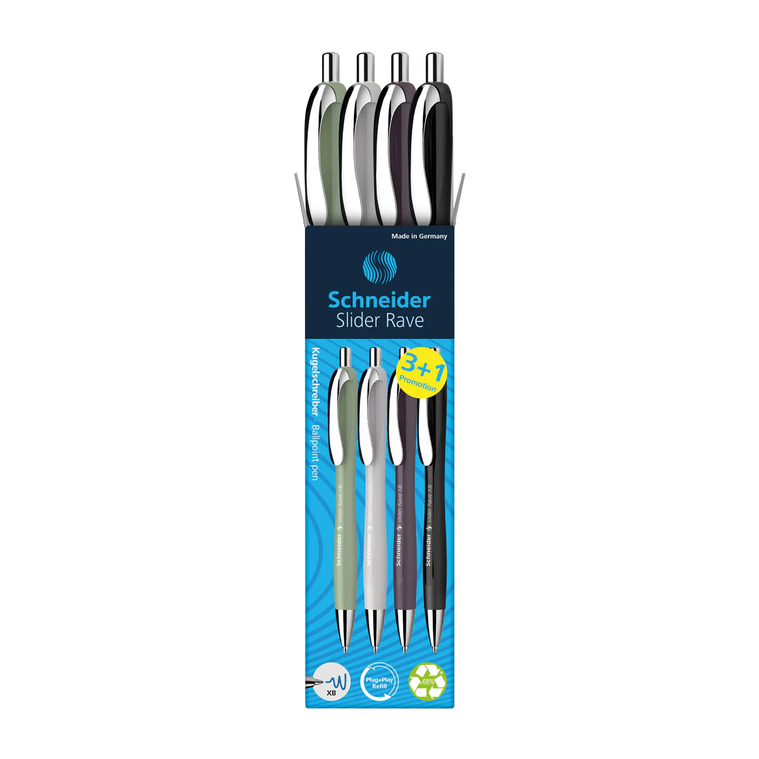 Rave Retractable Ballpoint Pen XB, Trend Limited Edition, Blue Ink, Promo Set of 3 Units+ 1  FREE Pen