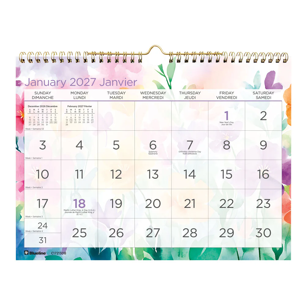 Monthly Wall Calendar, Hibiscus Floral, Bilingual, 2027 (C172130B-27)
