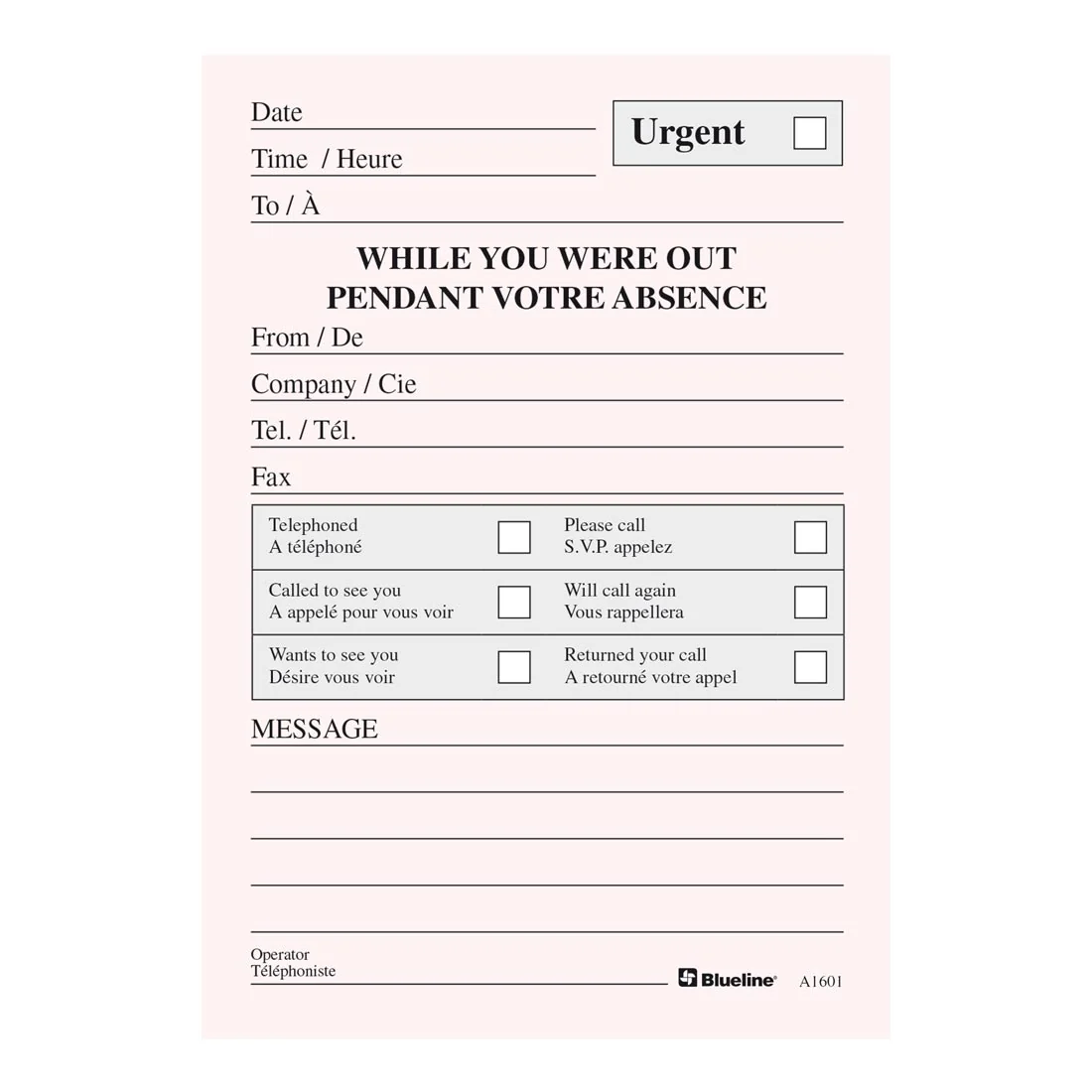 Telephone Message Pad, Bilingual, A1601